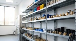 Organized car wash replacement parts and nozzles on a shelf in a professional maintenance room.