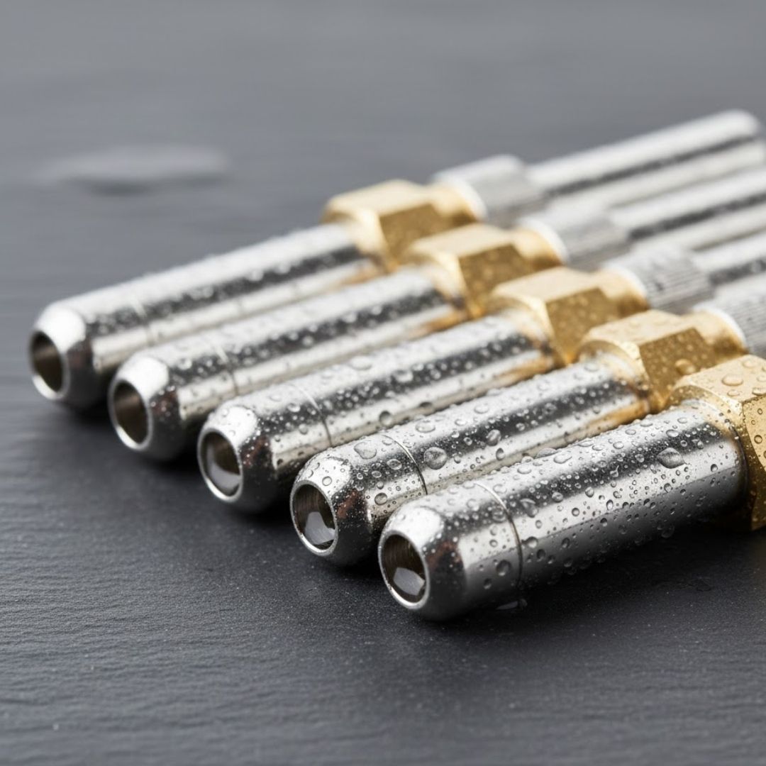 Close-up of high-pressure stainless steel car wash nozzles.