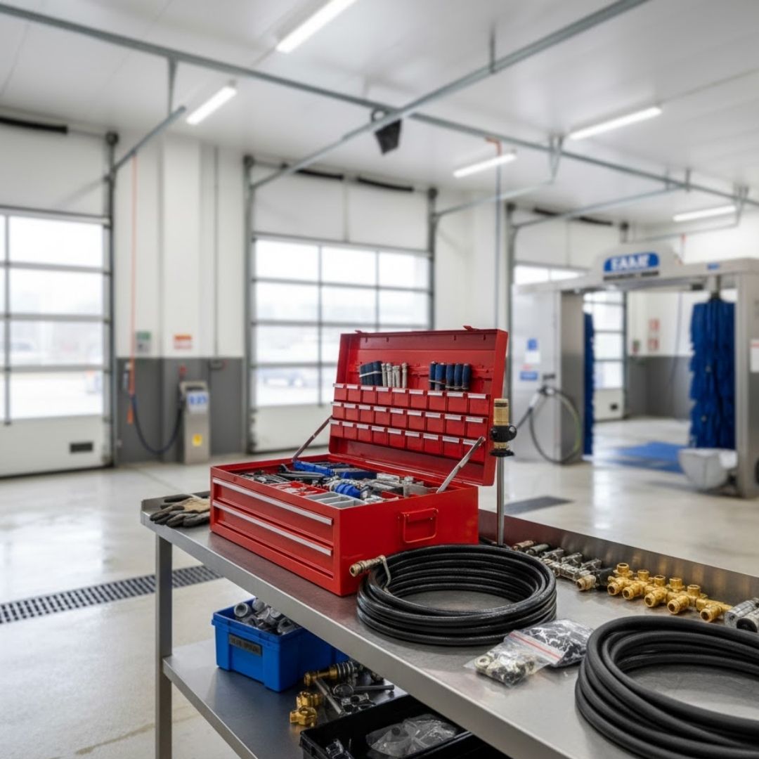 Collection of essential car wash replacement parts and tools for facility uptime.