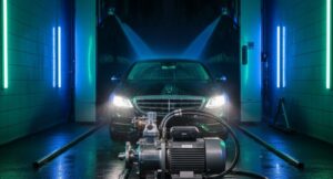 A modern automated car wash tunnel with high-tech equipment and blue LED lighting during a wash cycle.