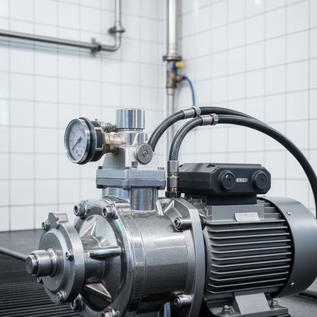 Close-up of a heavy-duty industrial high-pressure water pump in a professional car wash equipment room.