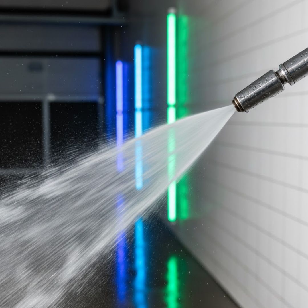 Macro view of a car wash spray nozzle delivering a precise mist of water.