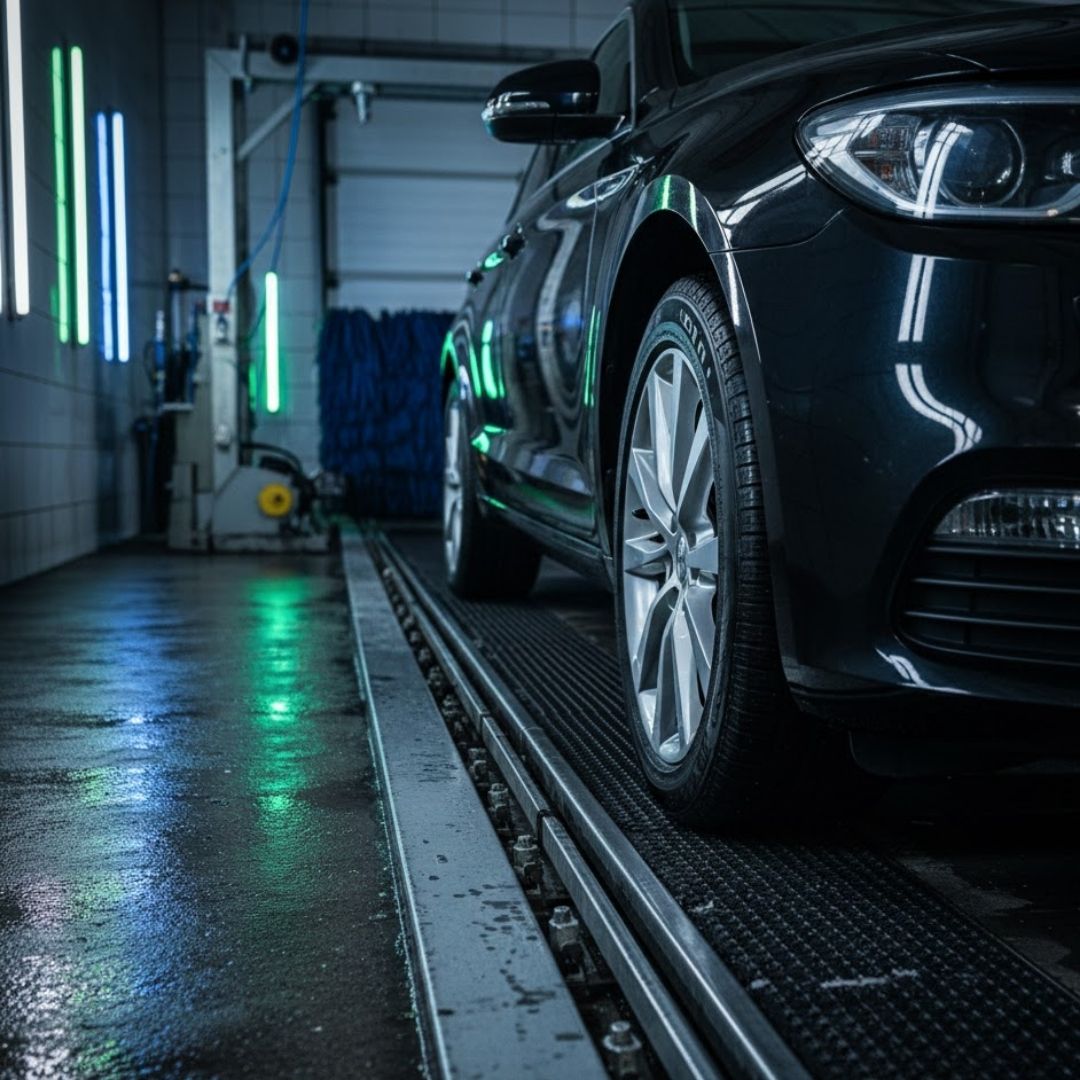 Industrial car wash conveyor belt and roller system in a tunnel.