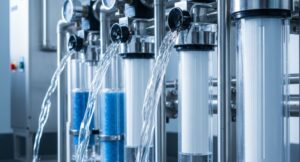Industrial car wash water filtration system with stainless steel pipes and clear water flow.
