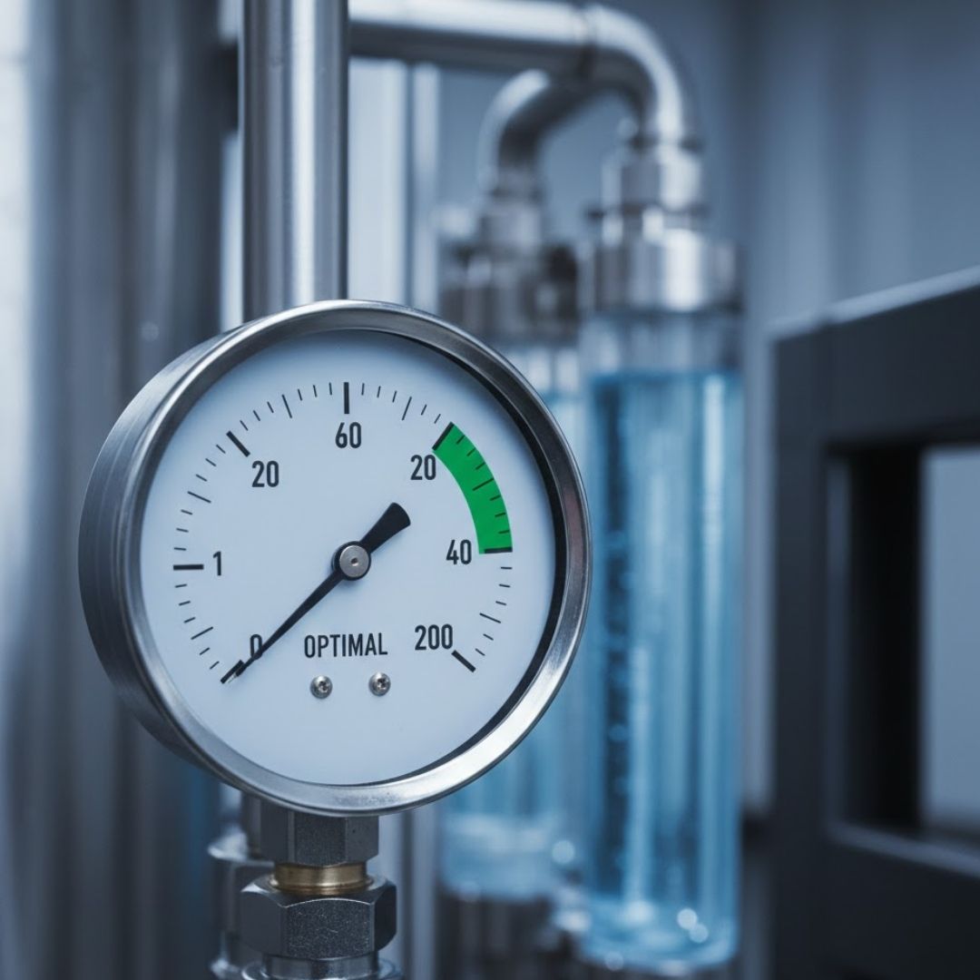 Industrial pressure gauge showing optimal performance for a car wash system.