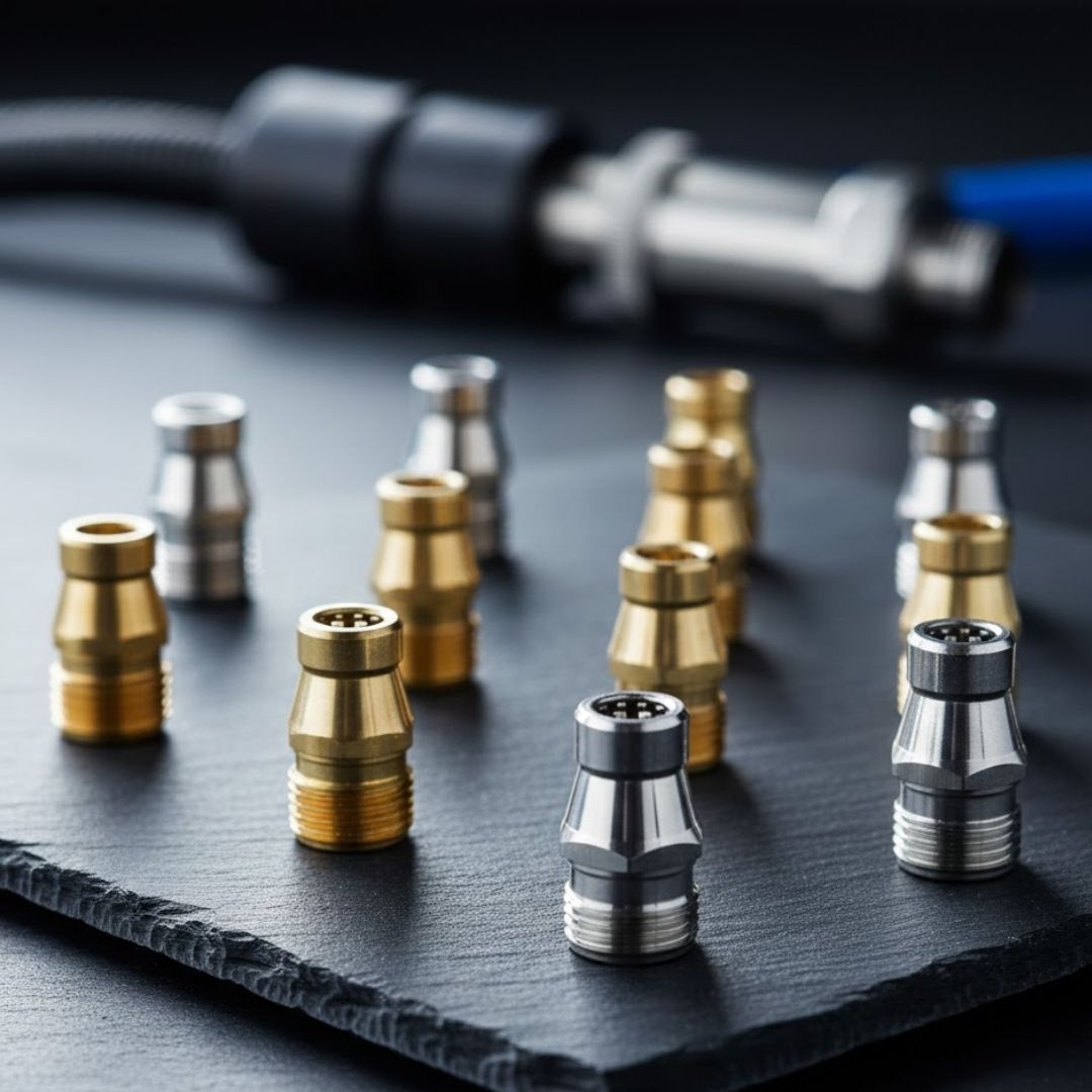 Close-up of high-precision stainless steel car wash nozzles.