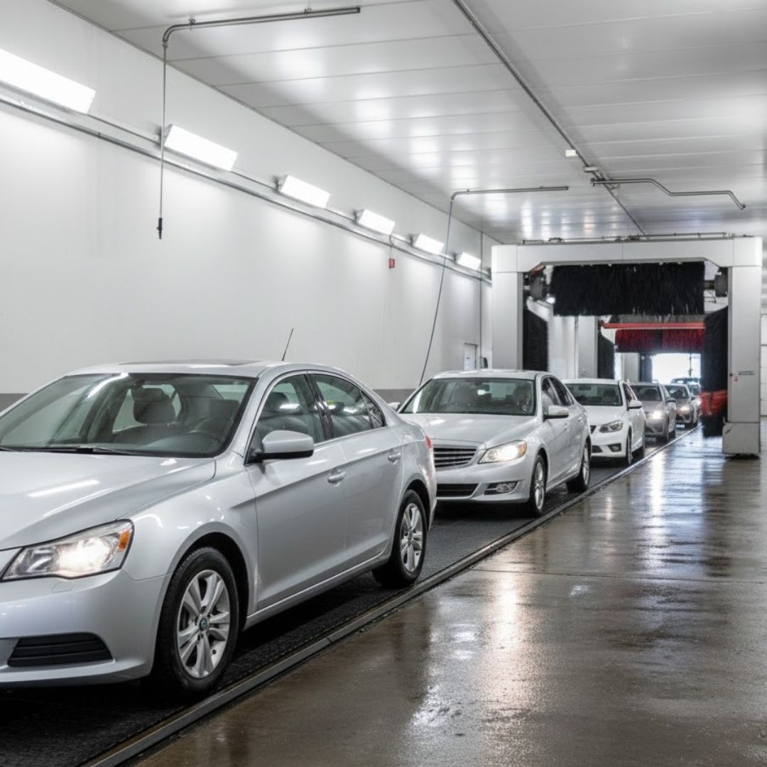 Multiple cars lined up on a conveyor system inside a car wash tunnel to illustrate high volume.