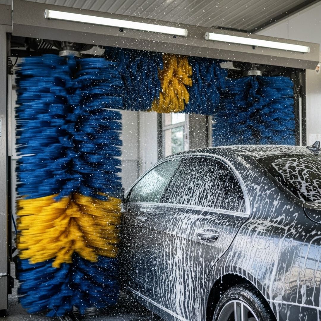 Close-up of automated car wash equipment brushes cleaning a vehicle with soap and water.