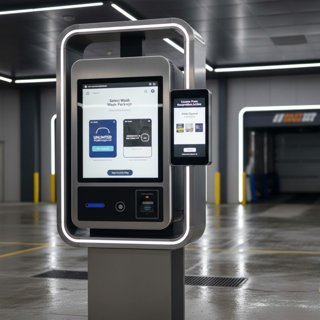 An automated payment kiosk and control system at a car wash representing labor efficiency.