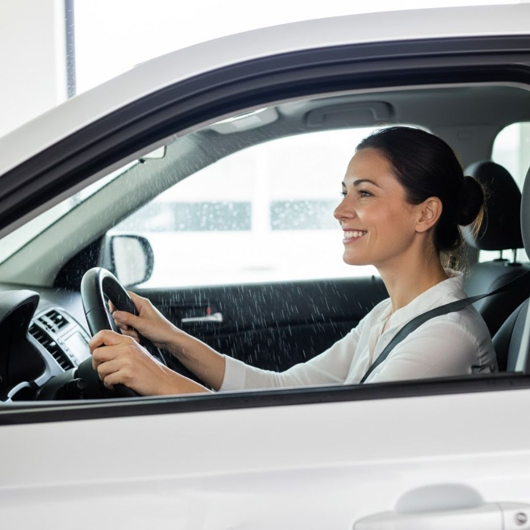 A satisfied customer sitting inside their vehicle during a quick car wash service.