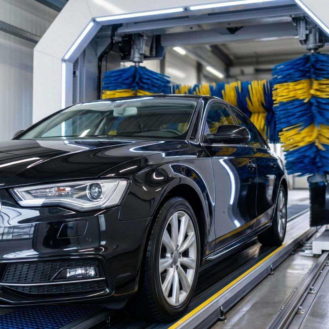 : A modern car moves efficiently through an automated wash system entrance.