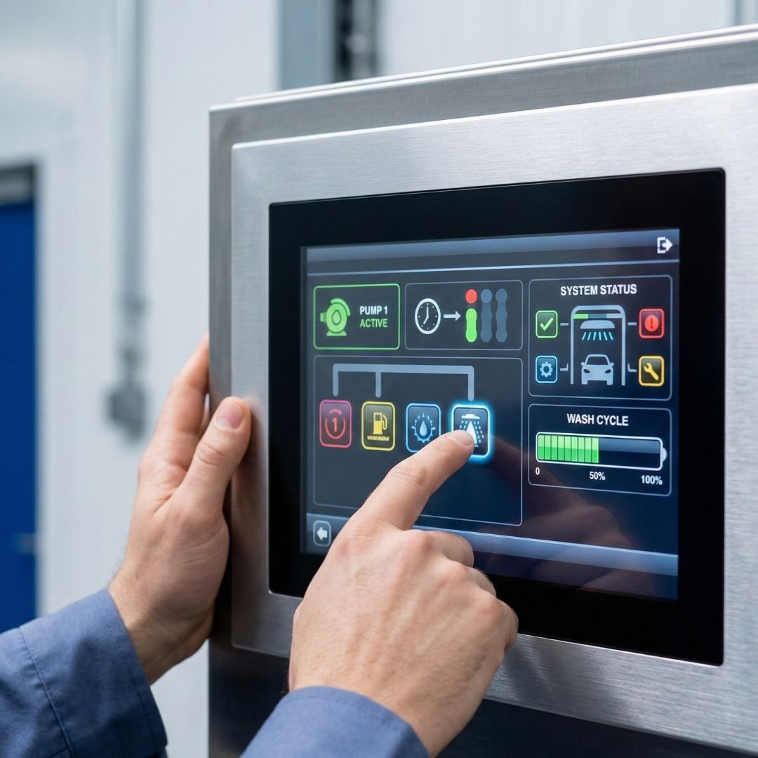 An operator uses a modern touch-screen interface to control the car wash technology