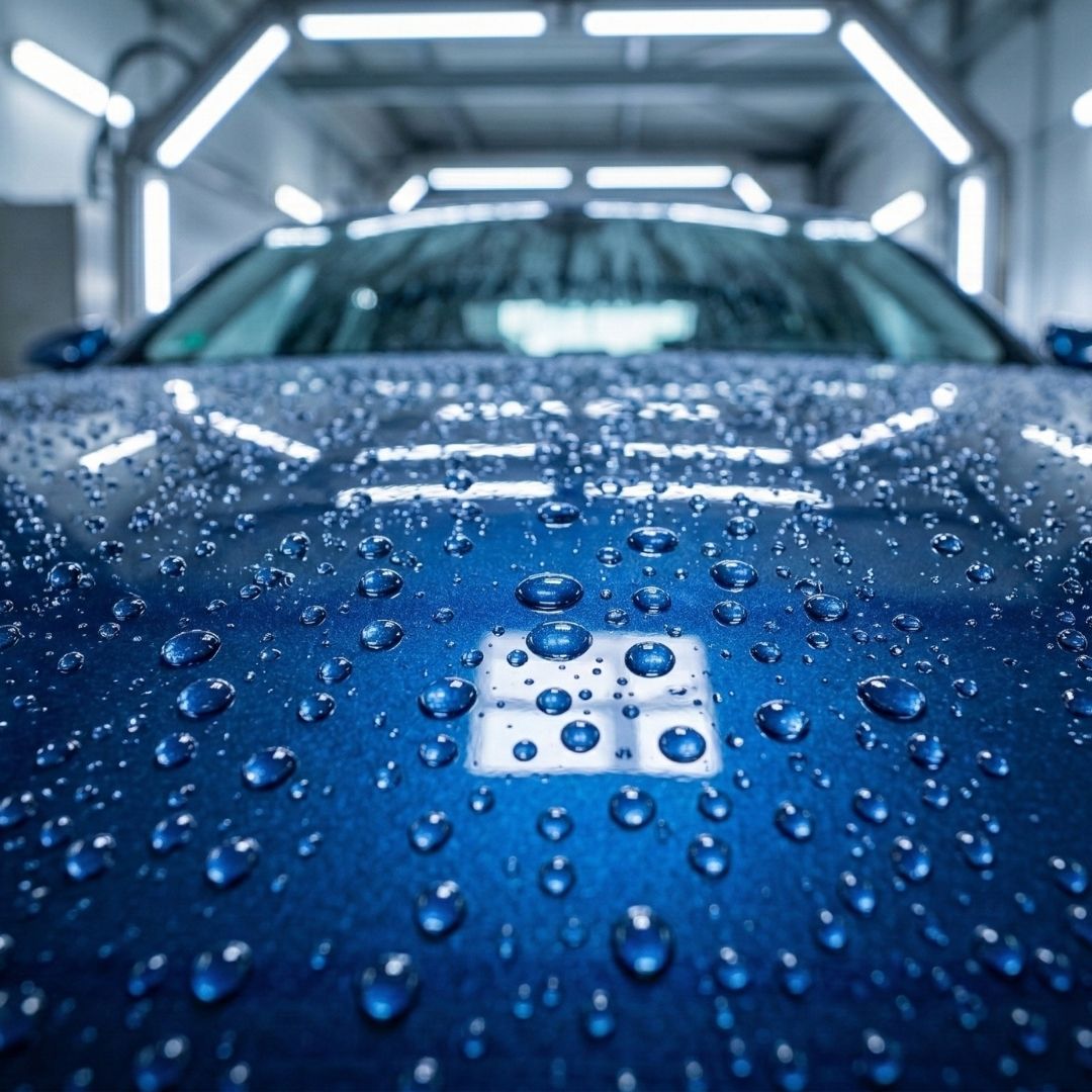 Water droplets beading on a shiny, freshly washed car hood.