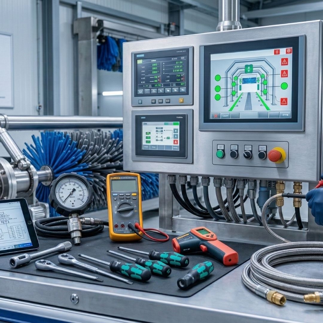 Professional maintenance tools and control panel representing car wash repair services.
