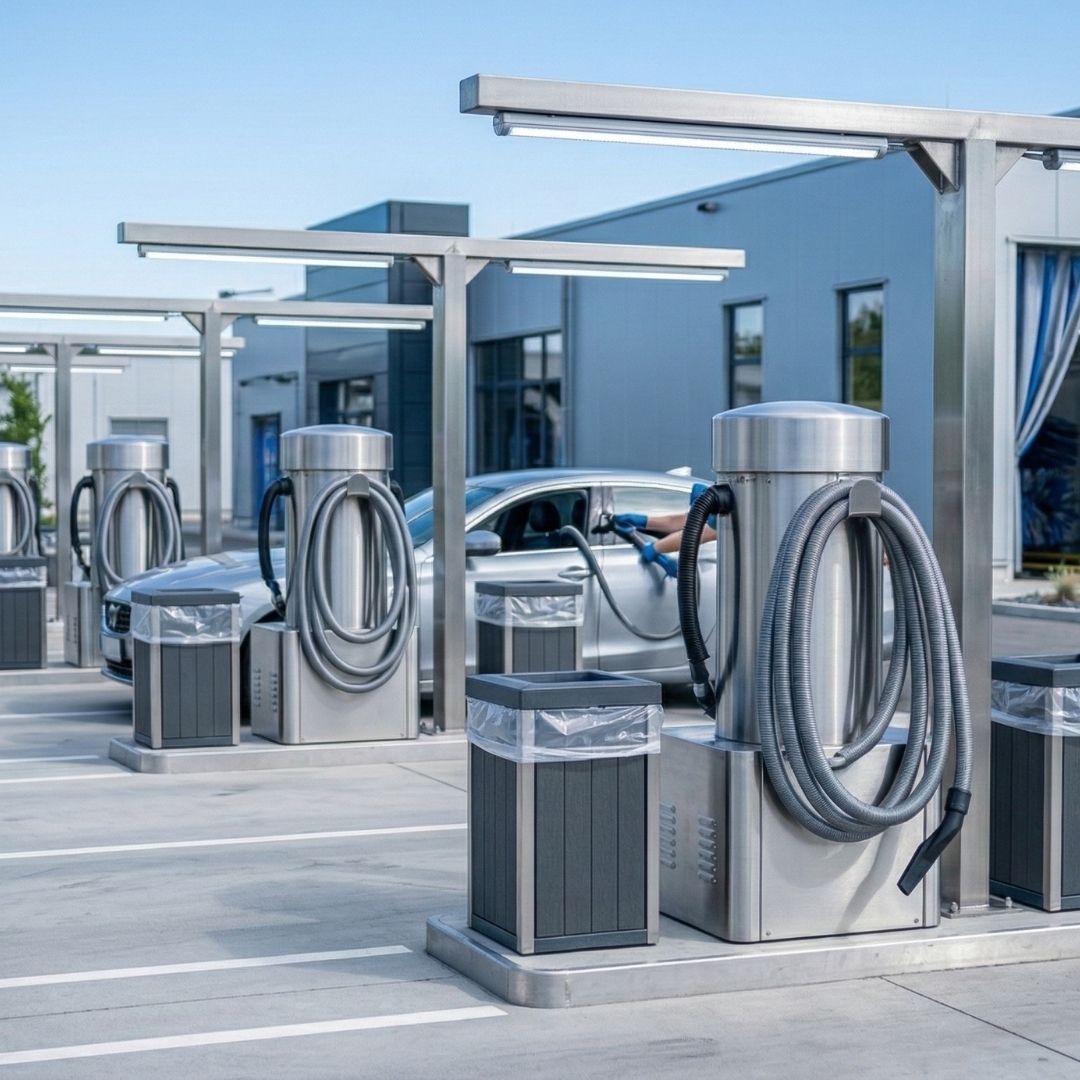 An organized and clean outdoor car wash vacuum station at a professional facility.